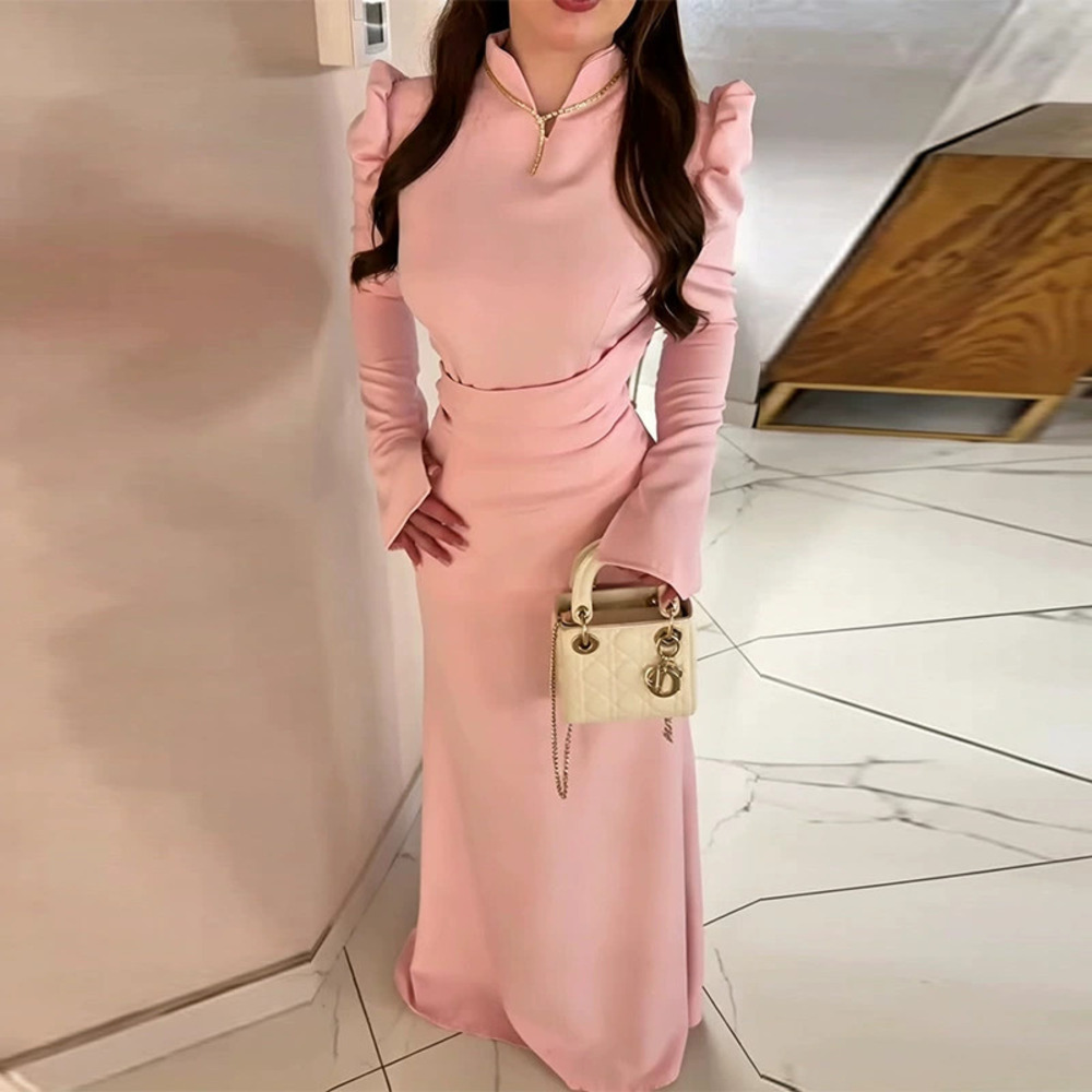Forever 21 Elegant Pink Stand Collar Slim-Fit Autumn Dress
